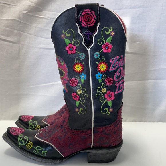ARIAT Live Out Loud Pink Sugar Skull Gypsy Rose embroidered Cowboy Boots 7 7.5 - Picture 11 of 12